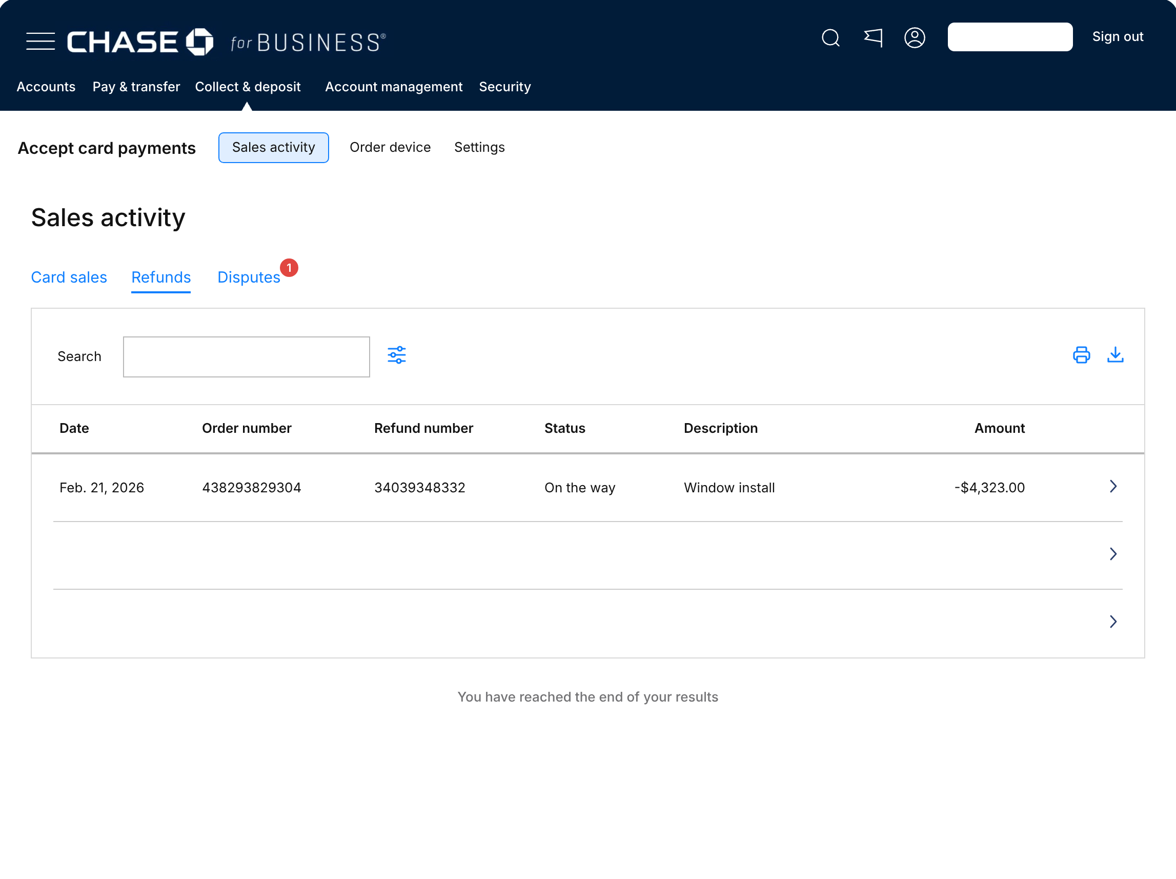Exploration 1: Refunds tab, sharing the order number with its original sale.