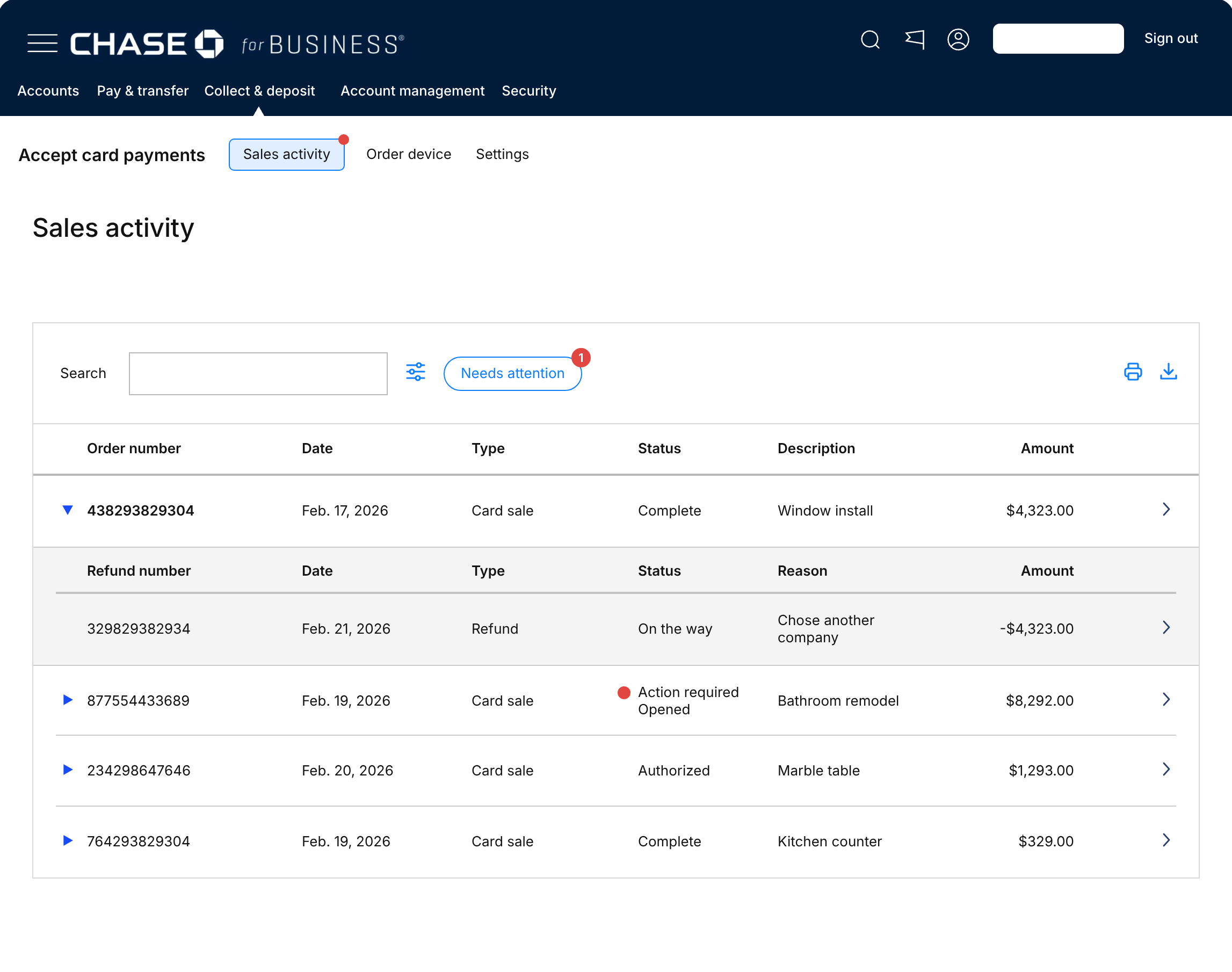 Exploration 2: a parent row expanded to reveal nested refund and dispute rows.