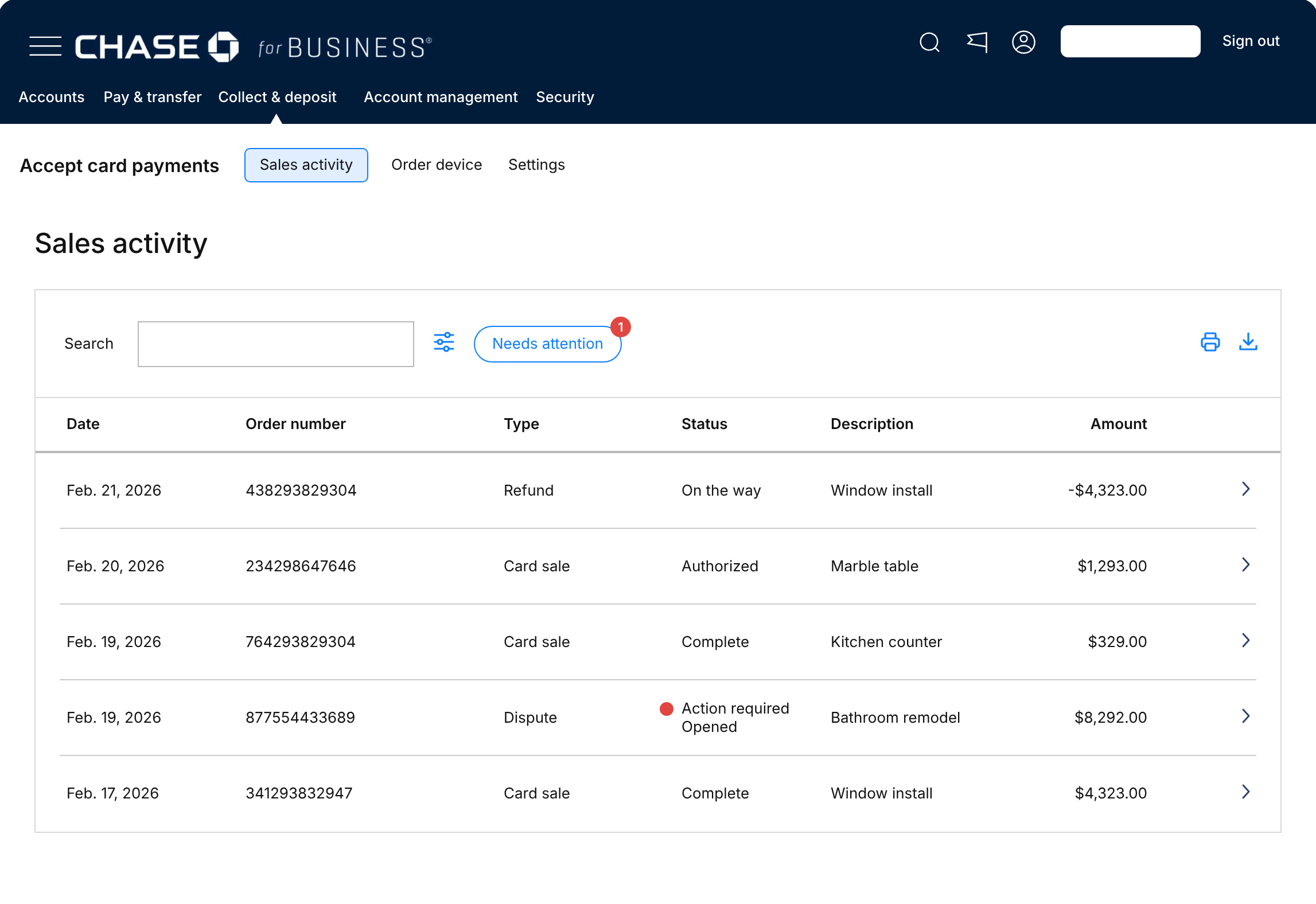 Exploration 3: every sale, refund and dispute as its own row in chronological order, with a Type column.
