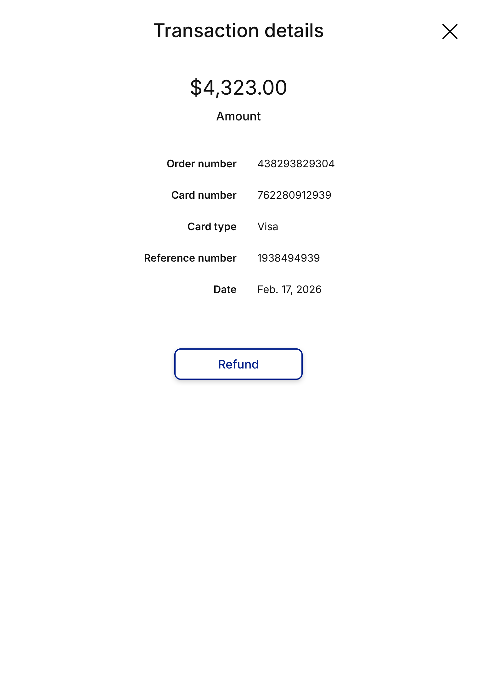 Legacy transaction details screen: amount, order number, card details and a Refund button.