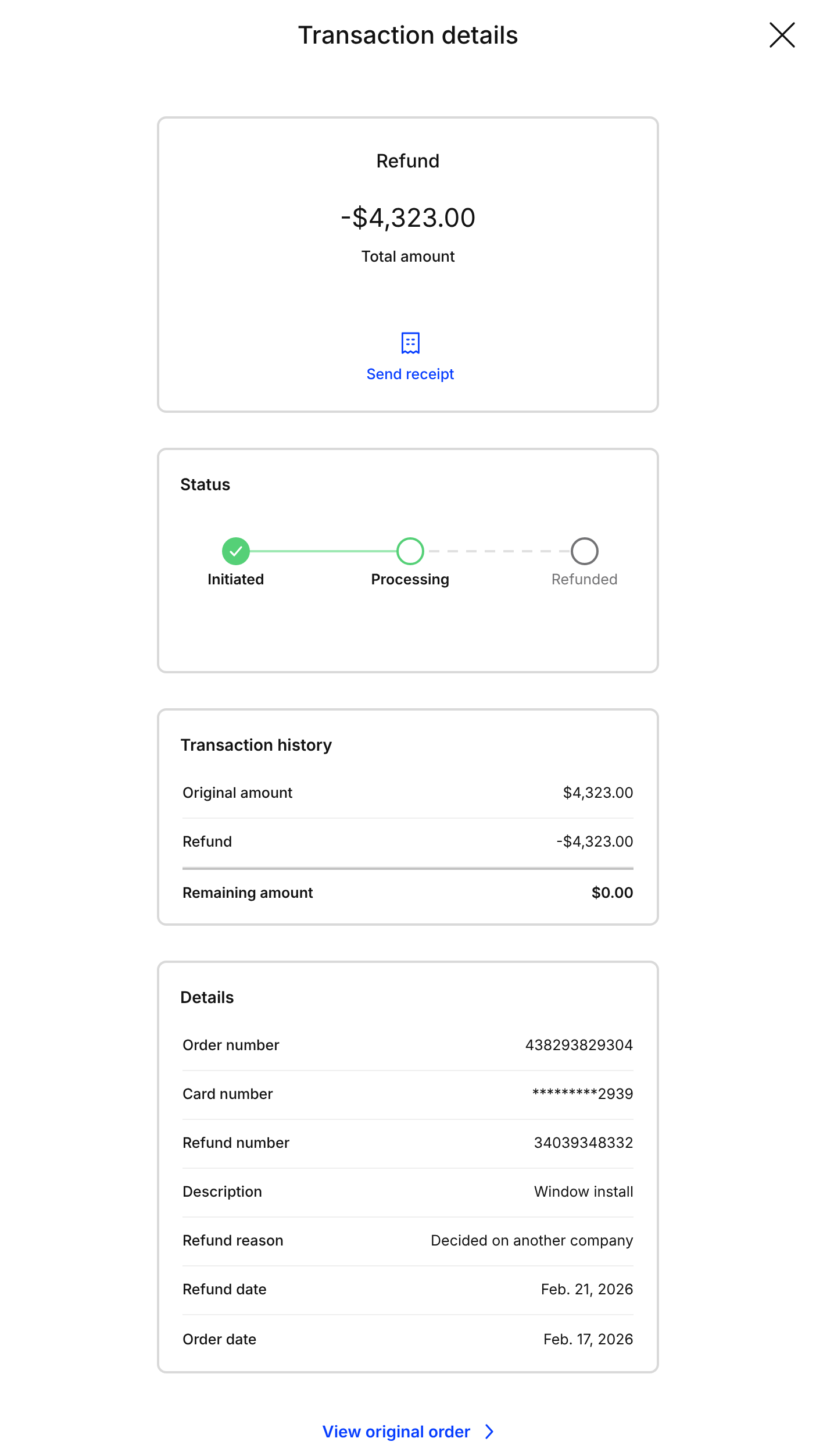 Refund detail drawer, including a link back to the original order.