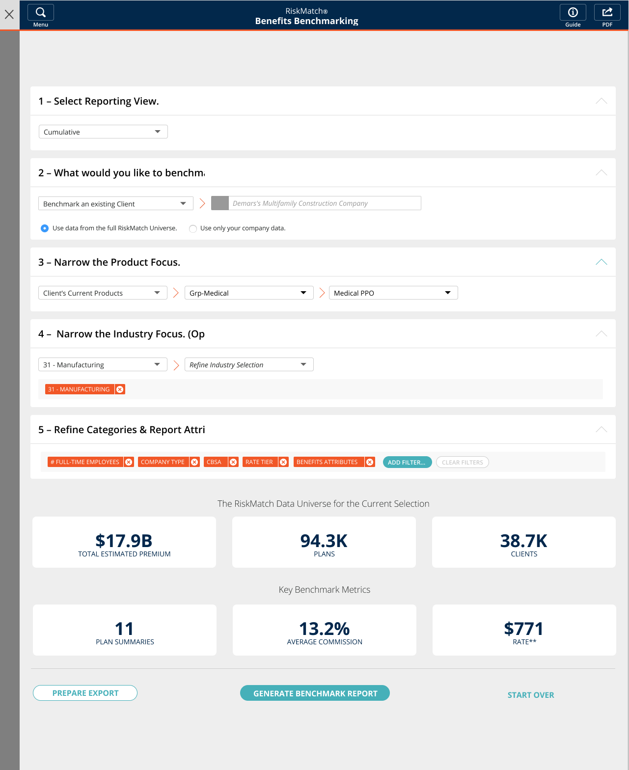 The same builder with client, product, industry and category filters applied, narrowing the peer cohort.