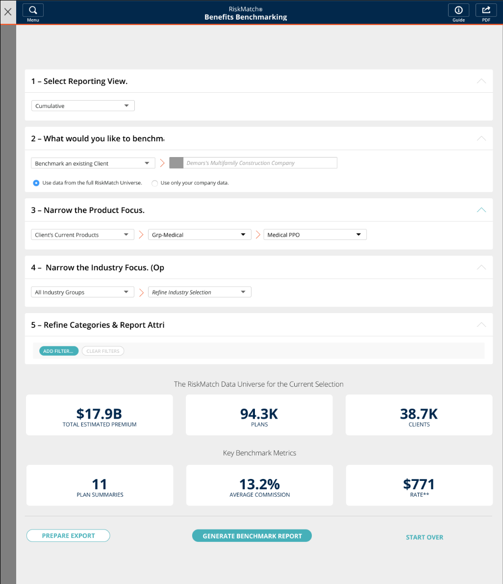 The criteria builder before filters are applied, showing the size of the RiskMatch data universe for the current selection.