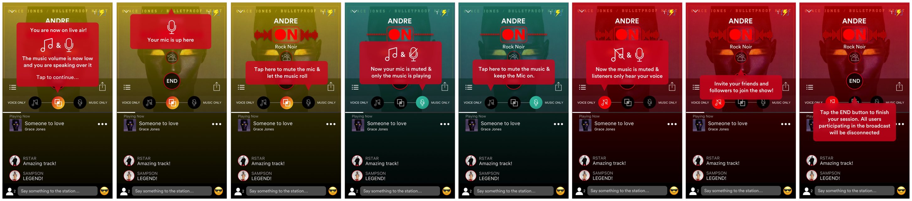 Eight-step control bar walkthrough: you are now on live air, your mic is up here, mute the mic, music only, mute music, voice only, invite friends, tap END to finish