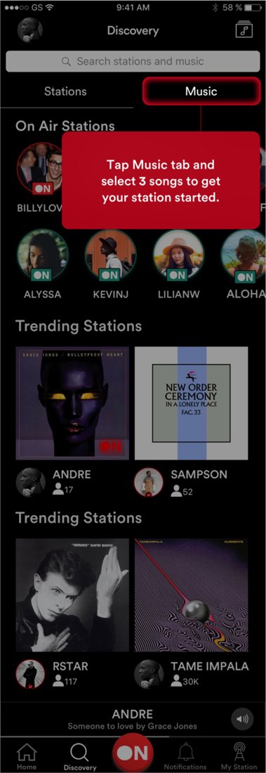 Music tab with prompt to select three songs to start your station