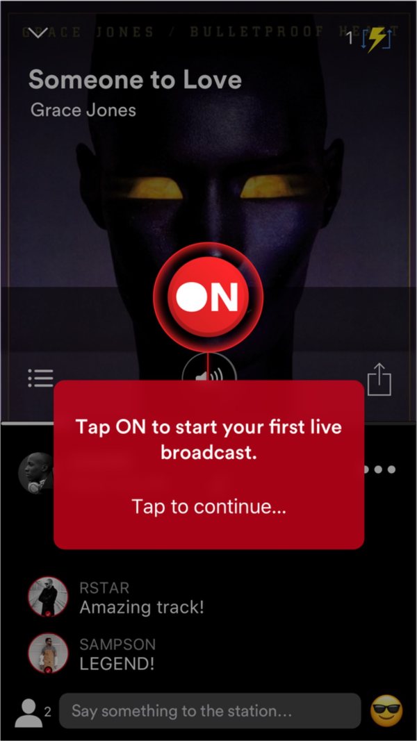 Tip: tap ON to start your first live broadcast