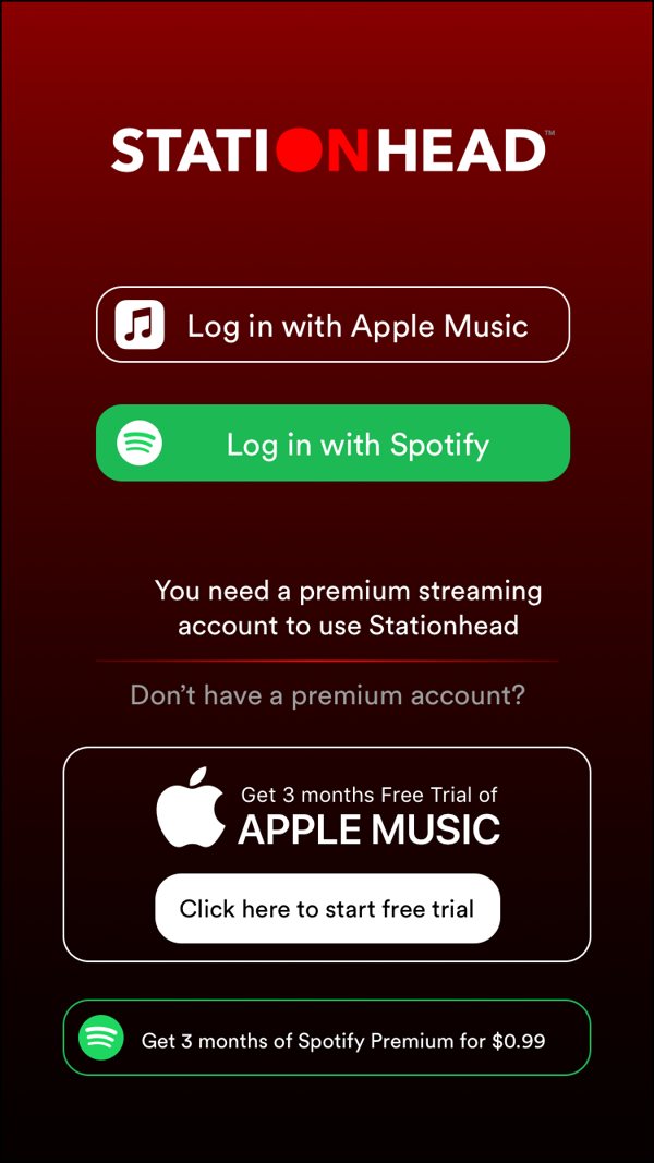 Login with Apple Music or Spotify, stating a premium account is required, with trial offers
